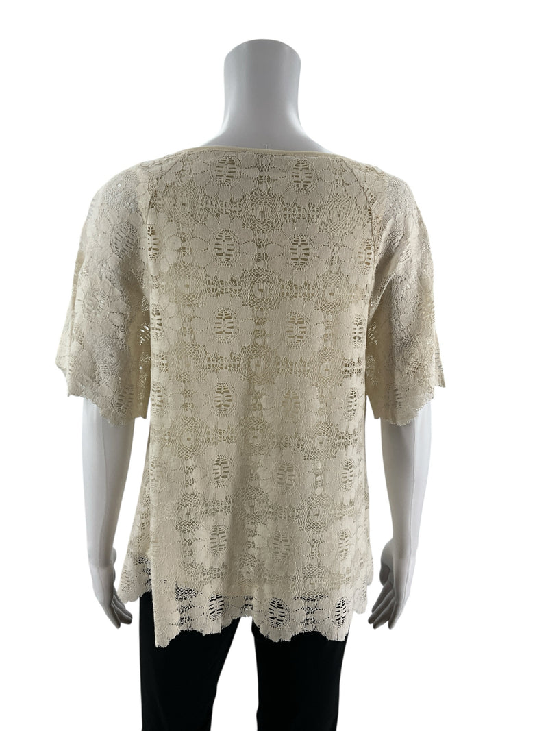 Back view of Lilla P Cream Lace Pre-Owned Ladies Top - Size XS on mannequin, showcasing full lace pattern and relaxed fit. New with tags.
