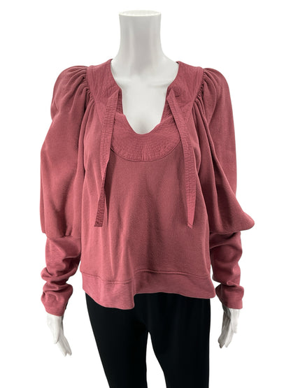 Ulla Johnson Mauve Cotton Puff Sleeve Split Neck Top - Size XL - ONLINE ONLY