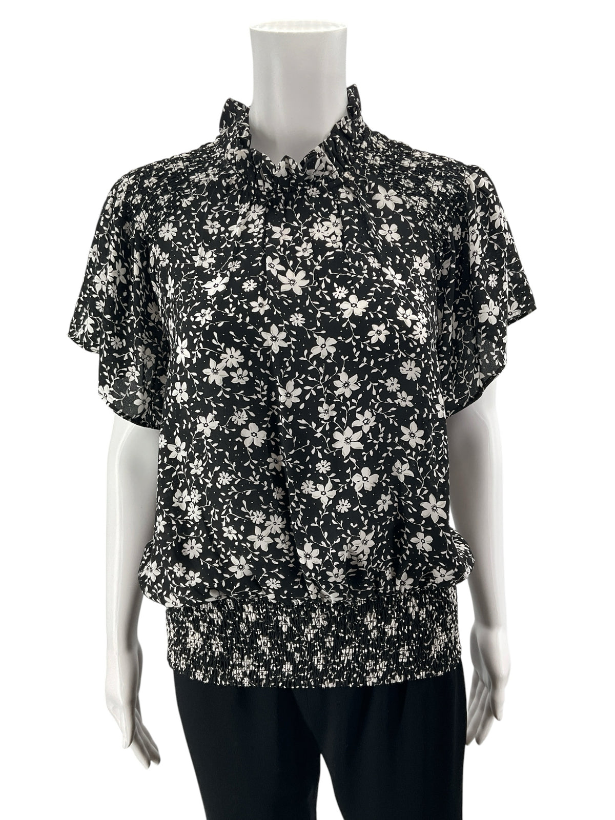 Ann Taylor Black, White Floral Smocked Ruffle Mock Neck Blouse - Size XS - ONLINE ONLY