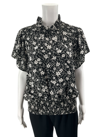 Ann Taylor Black, White Floral Smocked Ruffle Mock Neck Blouse - Size XS - ONLINE ONLY