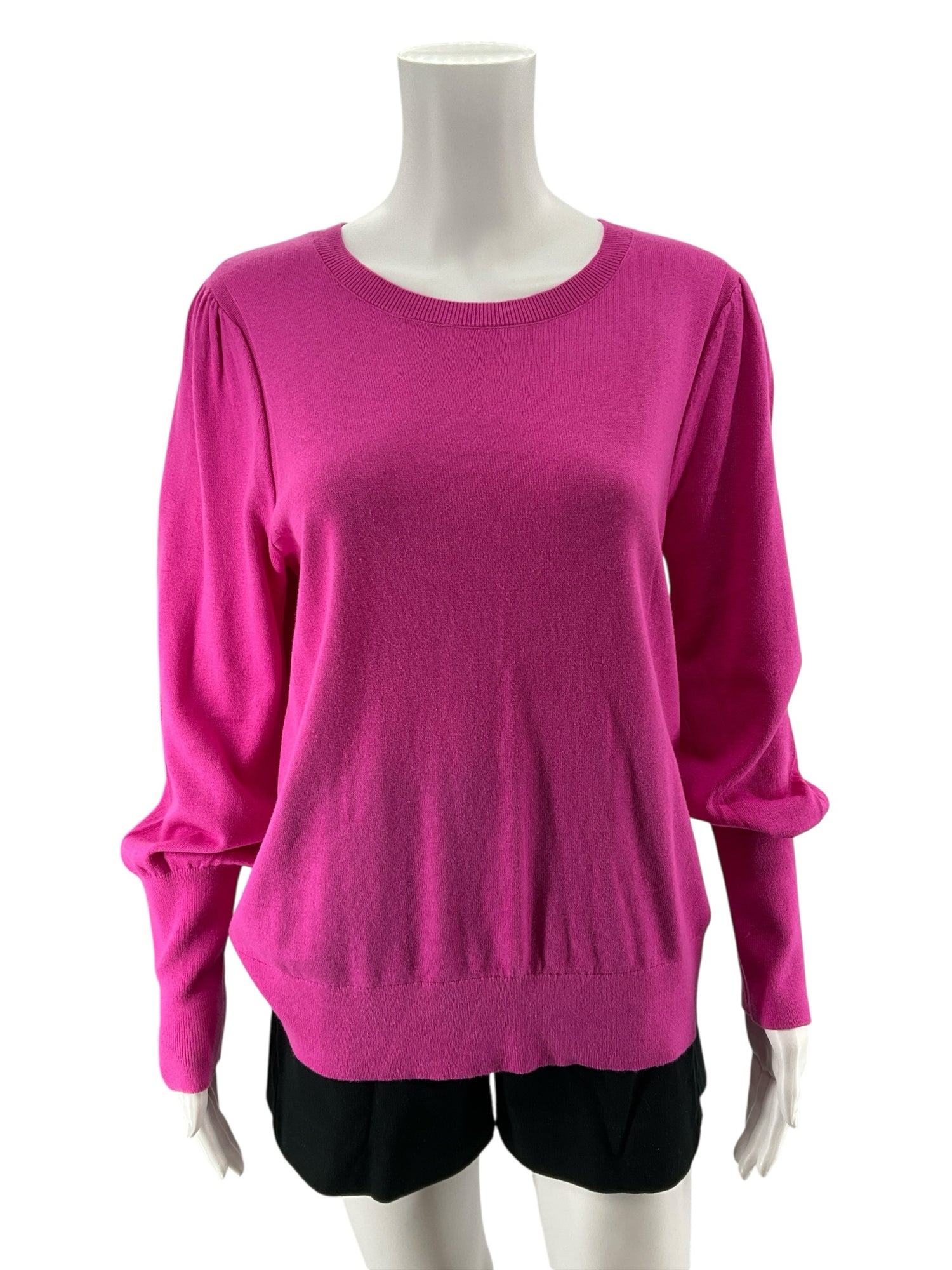 LOFT Fuchsia Pink Puff Sleeve Crewneck Sweater Size Large