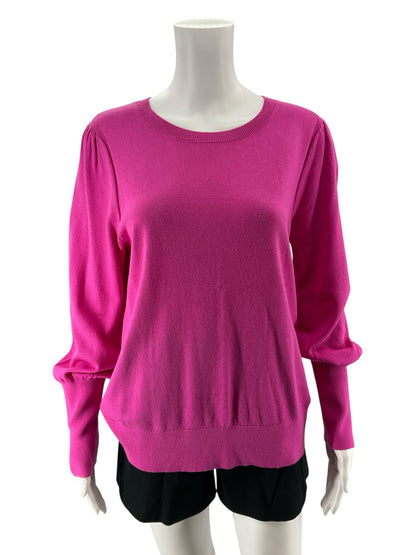 LOFT Fuchsia Pink Puff Sleeve Crewneck Sweater Size Large