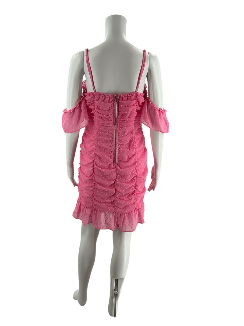 Back view of Favlux Pink Textured Pre-Owned Ladies Dress Size Large showing ruched detailing, zipper closure, and ruffle hemline.