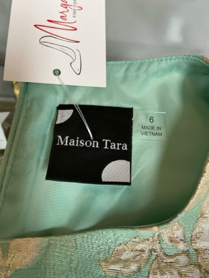 Maison Tara Aqua Gold Floral Metallic Jacquard Fit &amp; Flare Dress Size 6