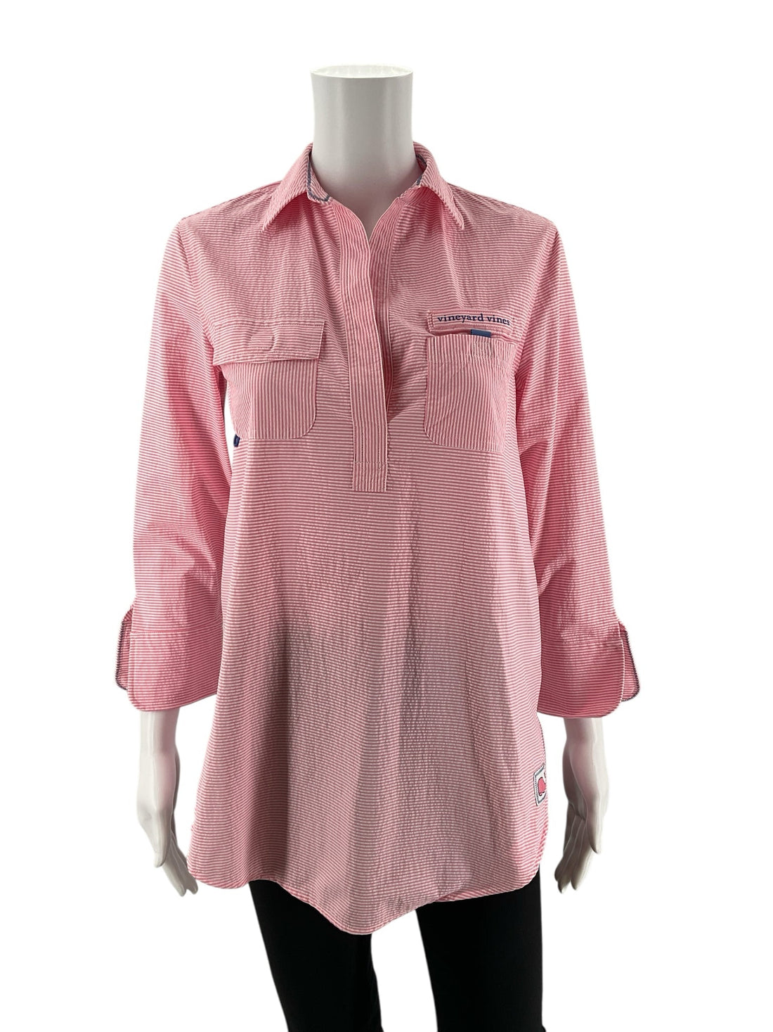 Vineyard Vines white and pink striped pre-owned tunic pullover in size 00, featuring a coastal preppy design.