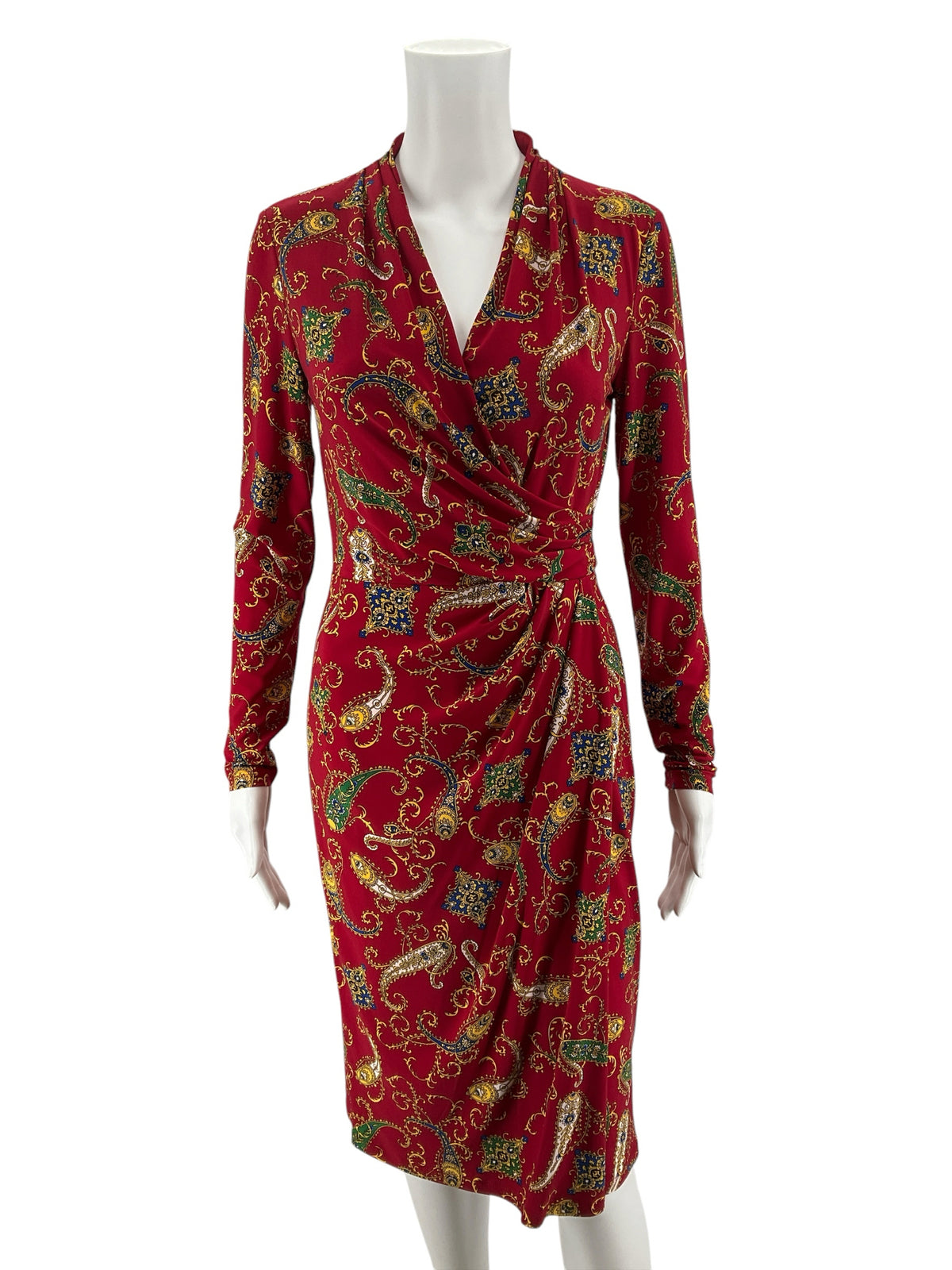 Lauren Ralph Lauren Red Paisley Faux Wrap Jersey Dress Size 2