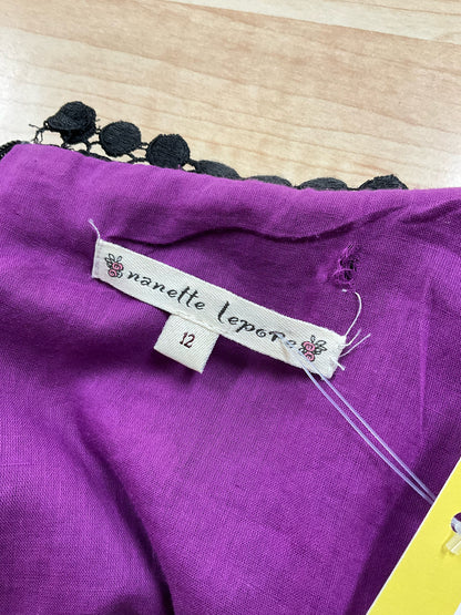 Nanette Lepore Black Purple Embroidered Bell Sleeve Mini Dress Size 12