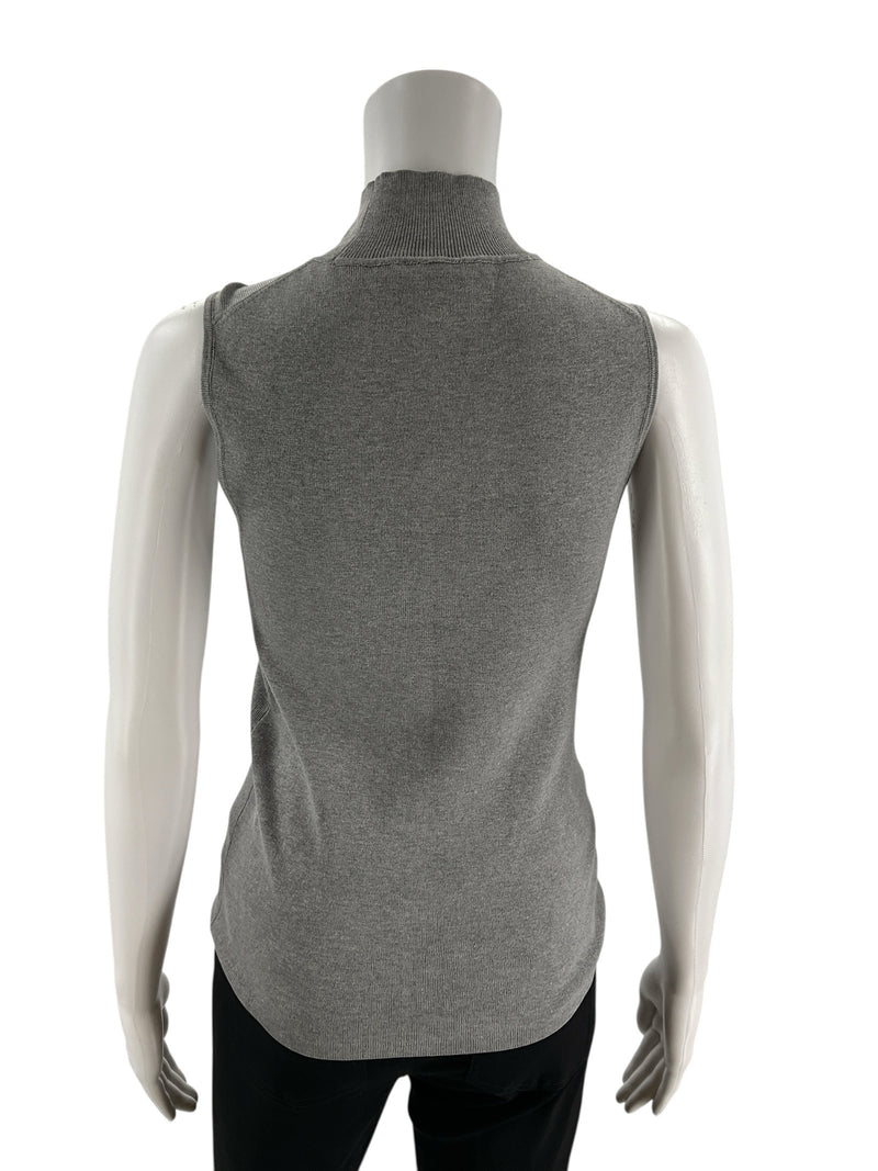 Back view of Chico's gray silk blend sleeveless pullover top, showcasing clean seams and ribbed mock neck detail.