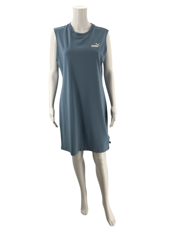 Pre-owned Puma Essentials sleeveless tank dress in dusty teal blue on mannequin, women's size M, sporty and casual athleisure style.
