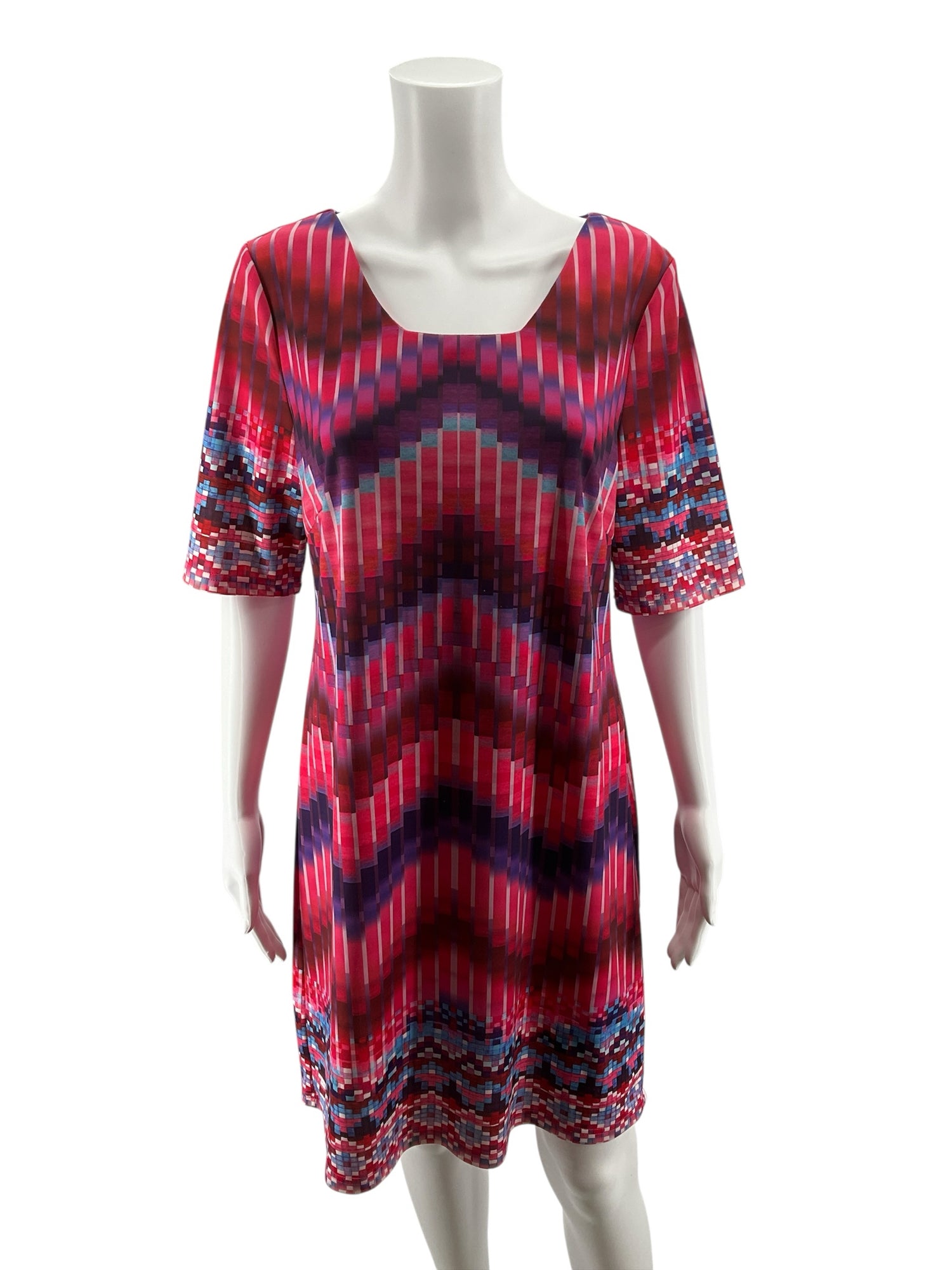Aryeh Abstract Pixel Print Shift Dress Size Large | Pink Blue Geometric Stretch Knit
