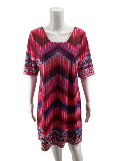 Aryeh Abstract Pixel Print Shift Dress Size Large | Pink Blue Geometric Stretch Knit