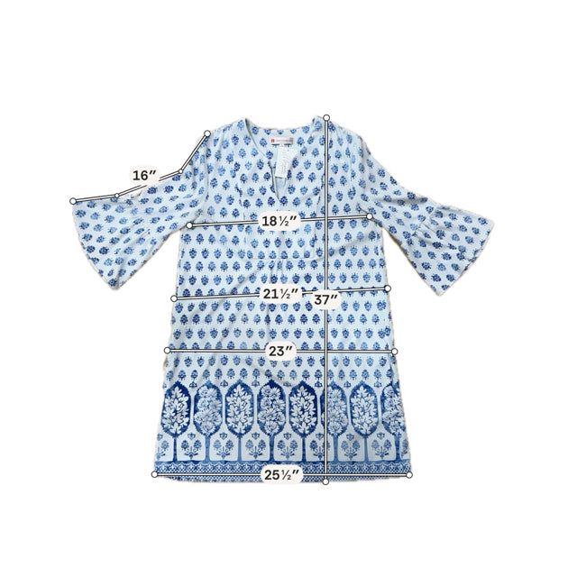 Jude Connally Ella Tunic Dress M Blue White Floral Block Print 3/4 Sleeve