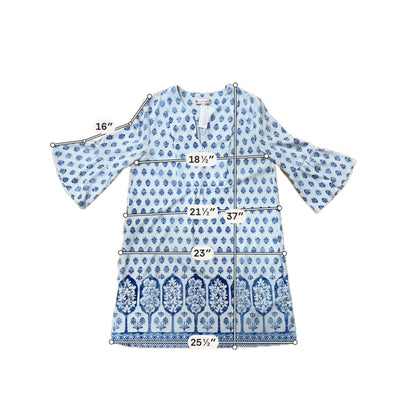 Jude Connally Ella Tunic Dress M Blue White Floral Block Print 3/4 Sleeve