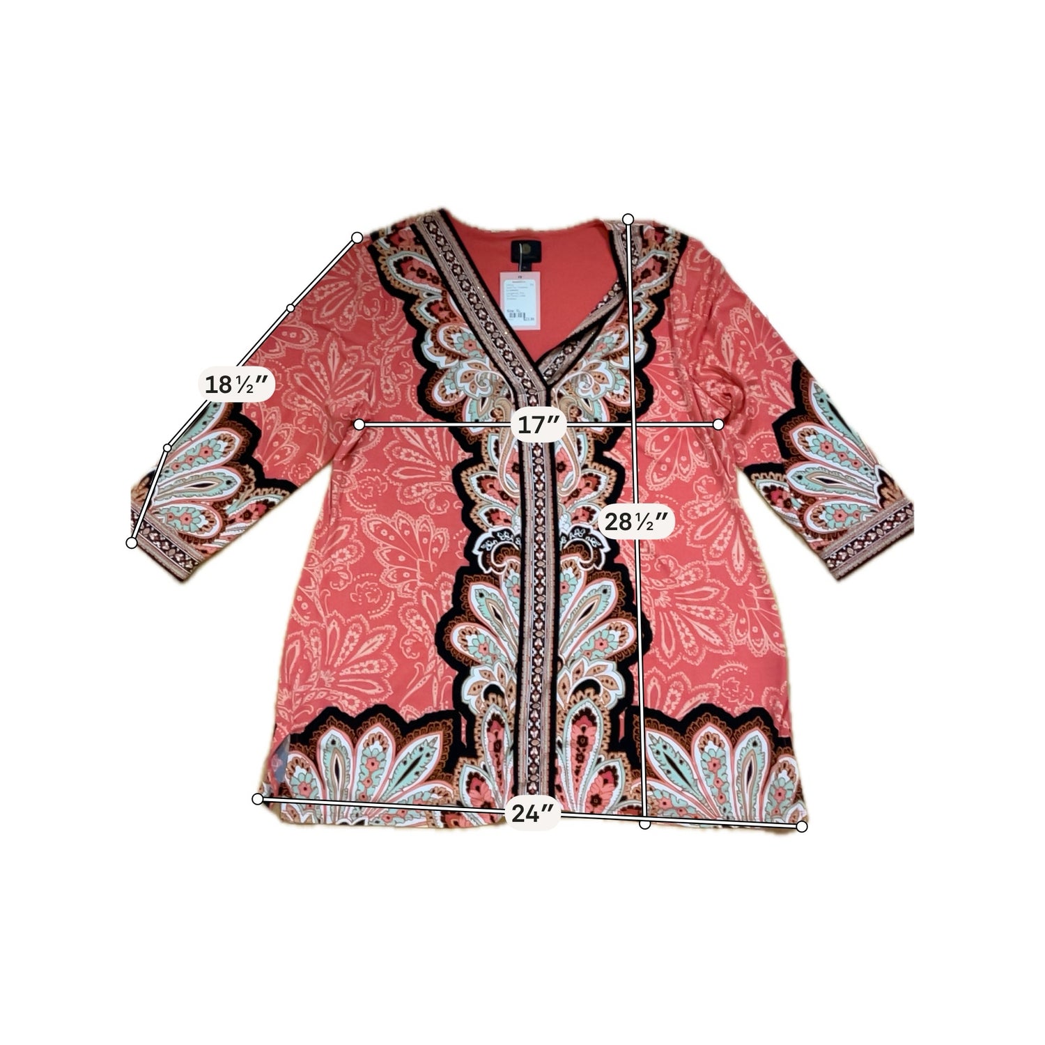 JM Collection Paisley Border Print Tunic Top XL Orange Multi V-Neck 3/4 Sleeve