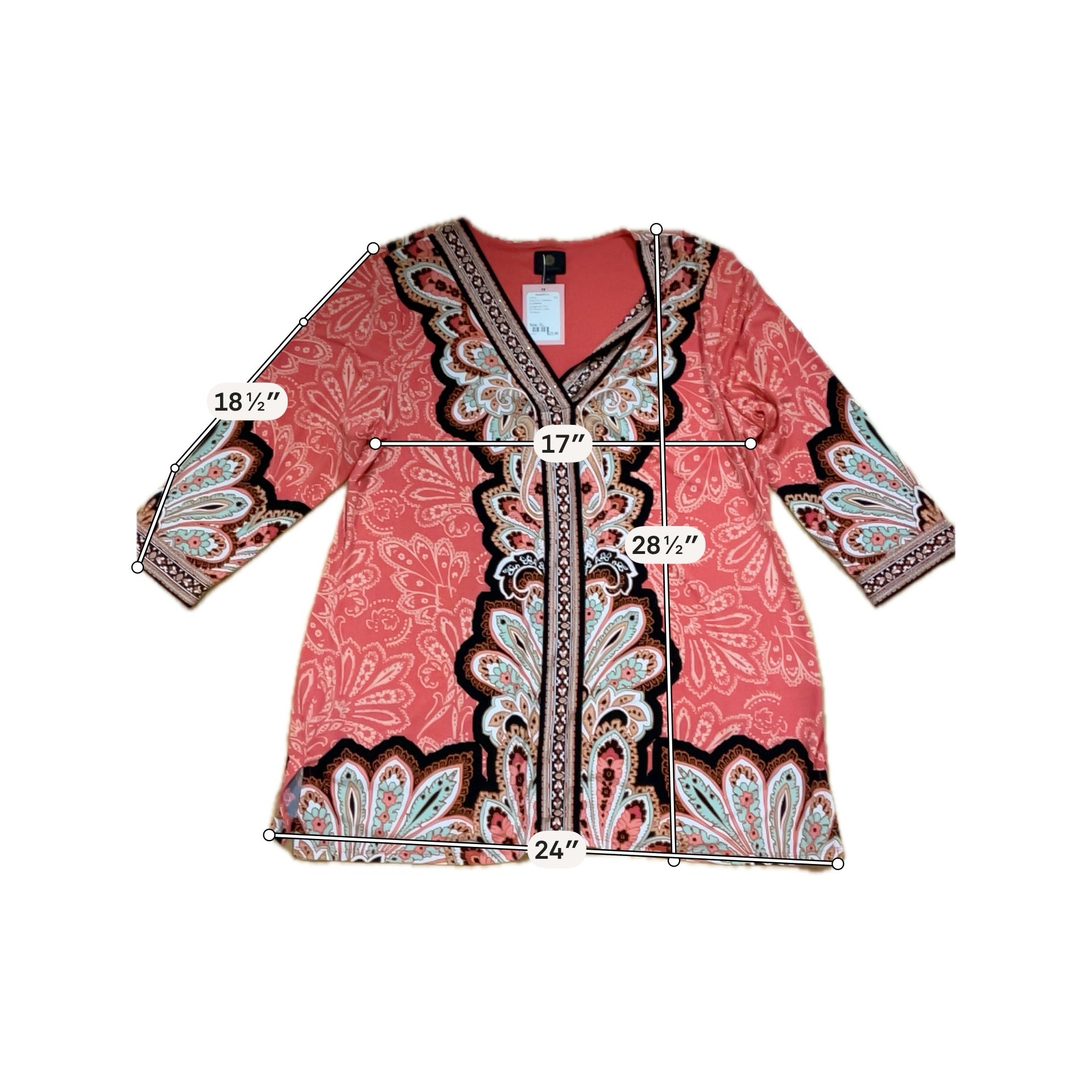 JM Collection Paisley Border Print Tunic Top XL Orange Multi V-Neck 3/4 Sleeve