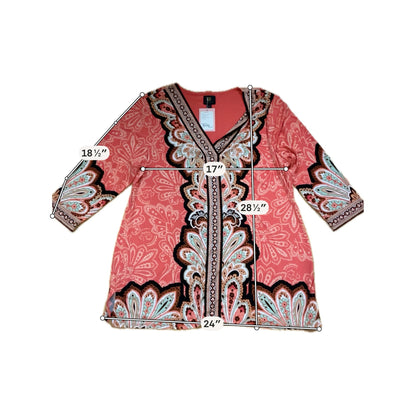 JM Collection Paisley Border Print Tunic Top XL Orange Multi V-Neck 3/4 Sleeve