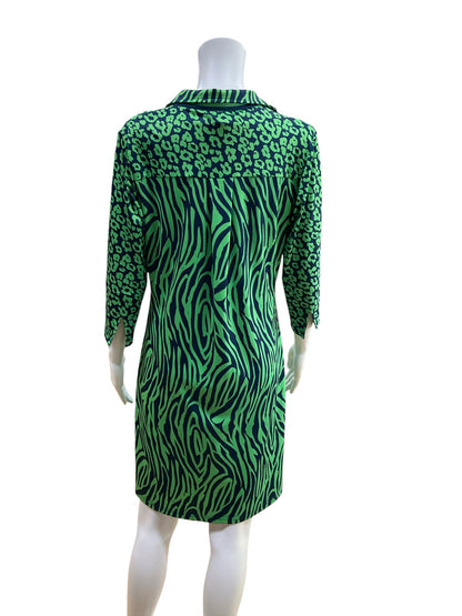 Gretchen Scott Ruffneck Zebra &amp; Dot Print Shift Dress Green Blue Size Medium