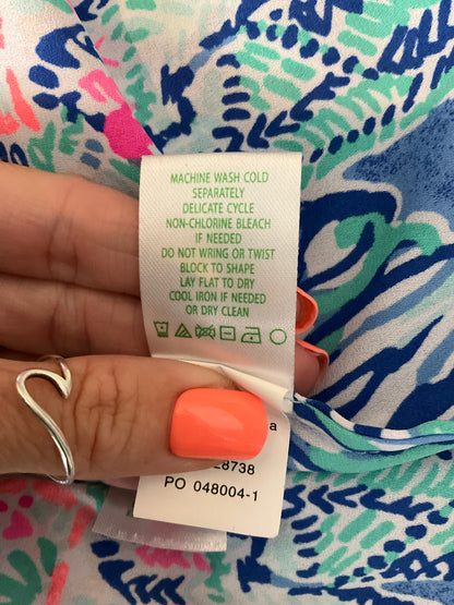 Lilly Pulitzer Tatum Tunic Top Multi Chin Chin Print V-Neck Tassel Blouse Size Large
