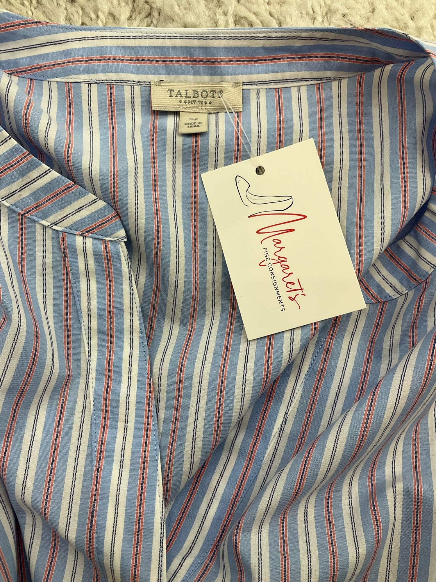 Talbots pre-owned ladies popover blouse in white, blue, and red stripes, size small petite, casual coastal style.