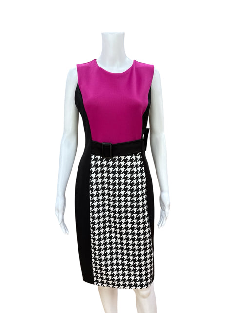Enrevelry Black/white/pink Sheath Darcy Pink &amp; Black Houndstooth Tweed Dress Size 6 NWT - Size 6