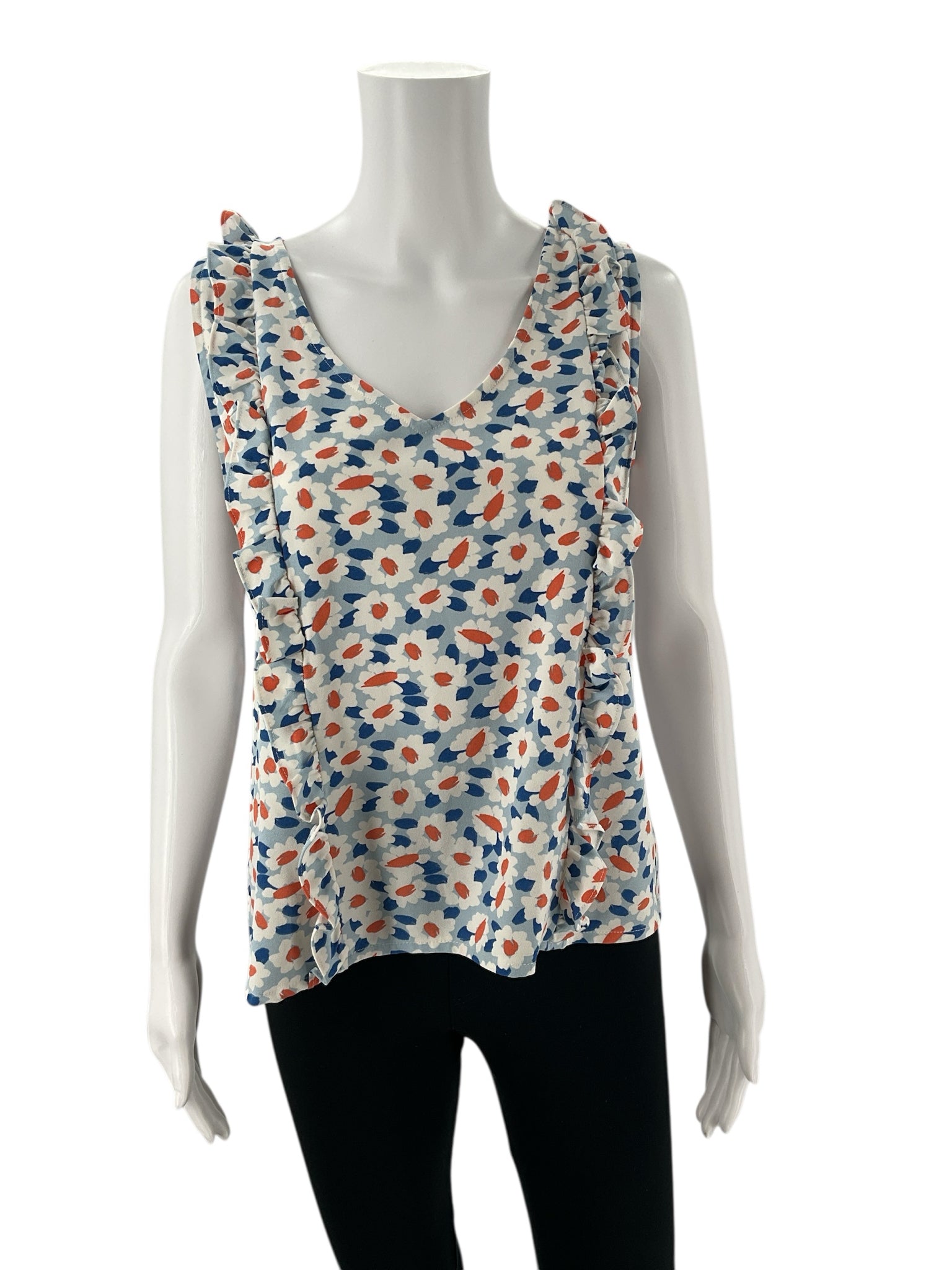 Michelle Mcdowell Blue/Orange Floral Top - Size Medium with ruffle trim and sleeveless design, ideal for casual wear. Lightweight pre-owned top.