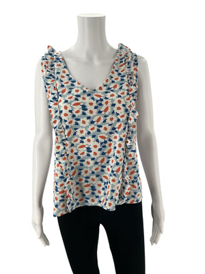 Michelle Mcdowell Blue/Orange Floral Top - Size Medium with ruffle trim and sleeveless design, ideal for casual wear. Lightweight pre-owned top.