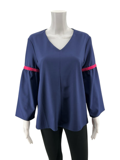 Vilagallo Navy/Pink 3/4 Sleeve Navy Blue Bell Sleeve Top with Fuchsia Pink Ribbon Detail Size Medium - Size M