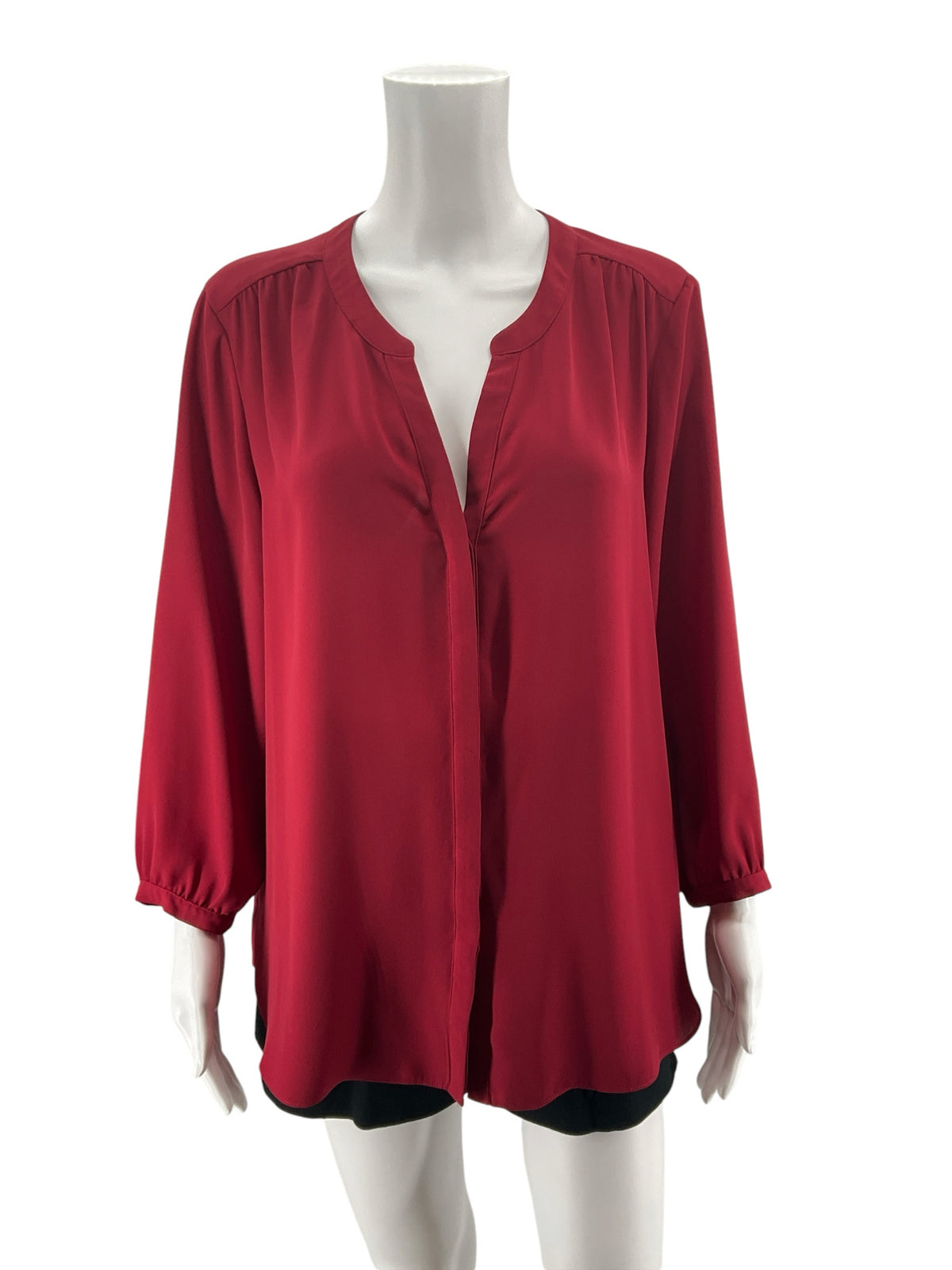 NYDJ Pleat Back Henley Blouse Red Roll Tab Sleeve Top Size Large - ONLINE ONLY