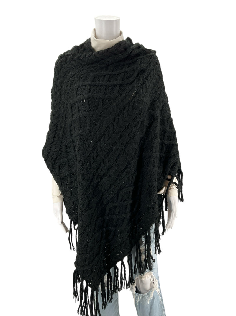 Aerie Black Fringe Pre-Owned Ladies Poncho - Size One Size Fits Most