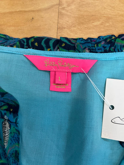 Lilly Pulitzer Kade Top Borealis Blue Wild Within Metallic Blouse Size L