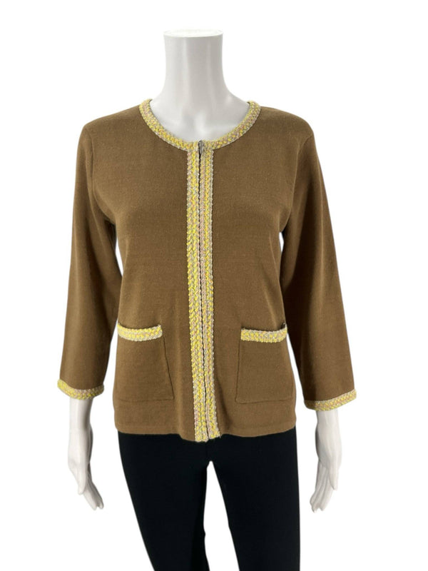 Don Caster Brown Zp Up Top - Size Medium casual long sleeve top with tweed trim on front, cuffs, and pockets, ideal for winter wear.