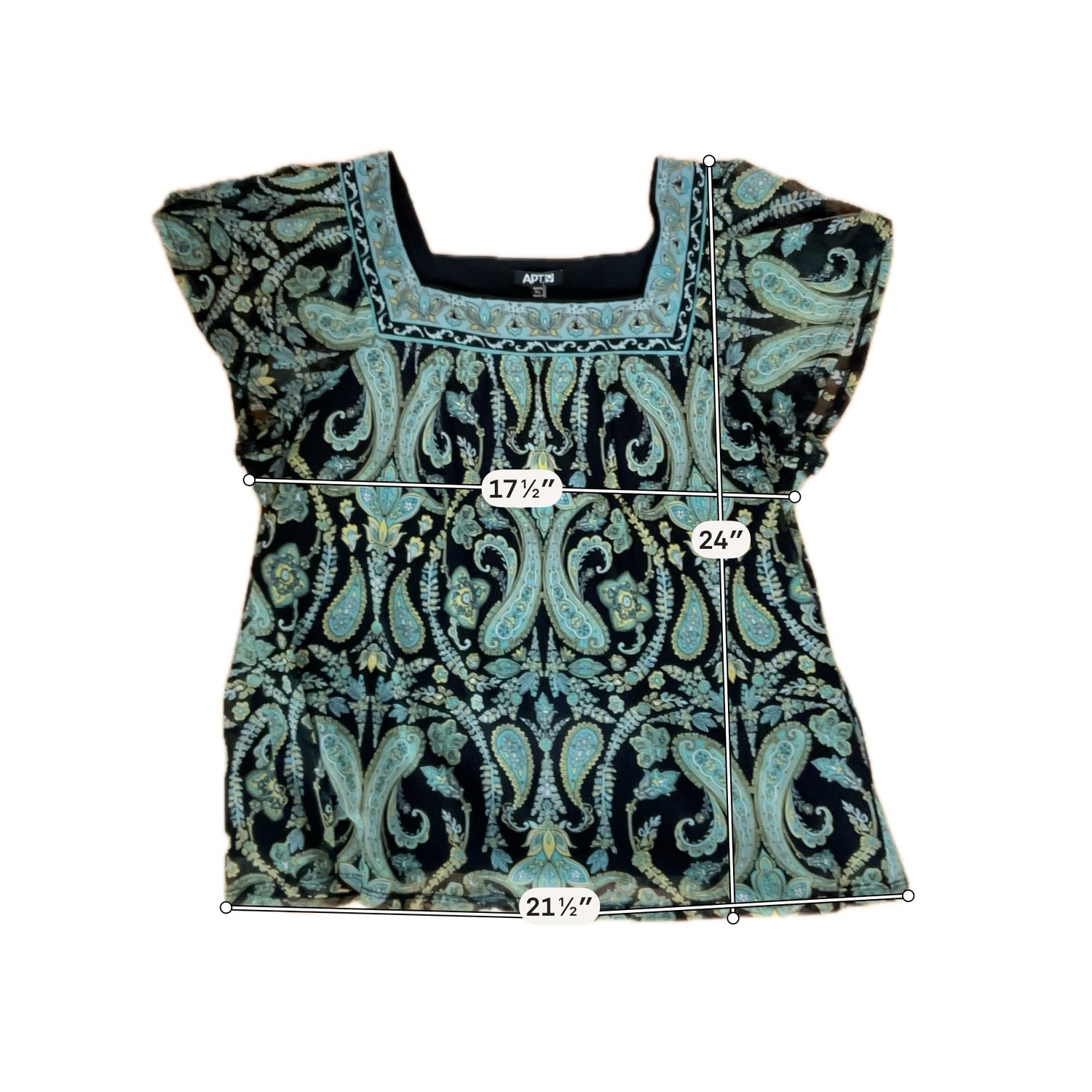 Apt. 9 Petite Large Paisley Embroidered Flutter Sleeve Blouse Black Turquoise