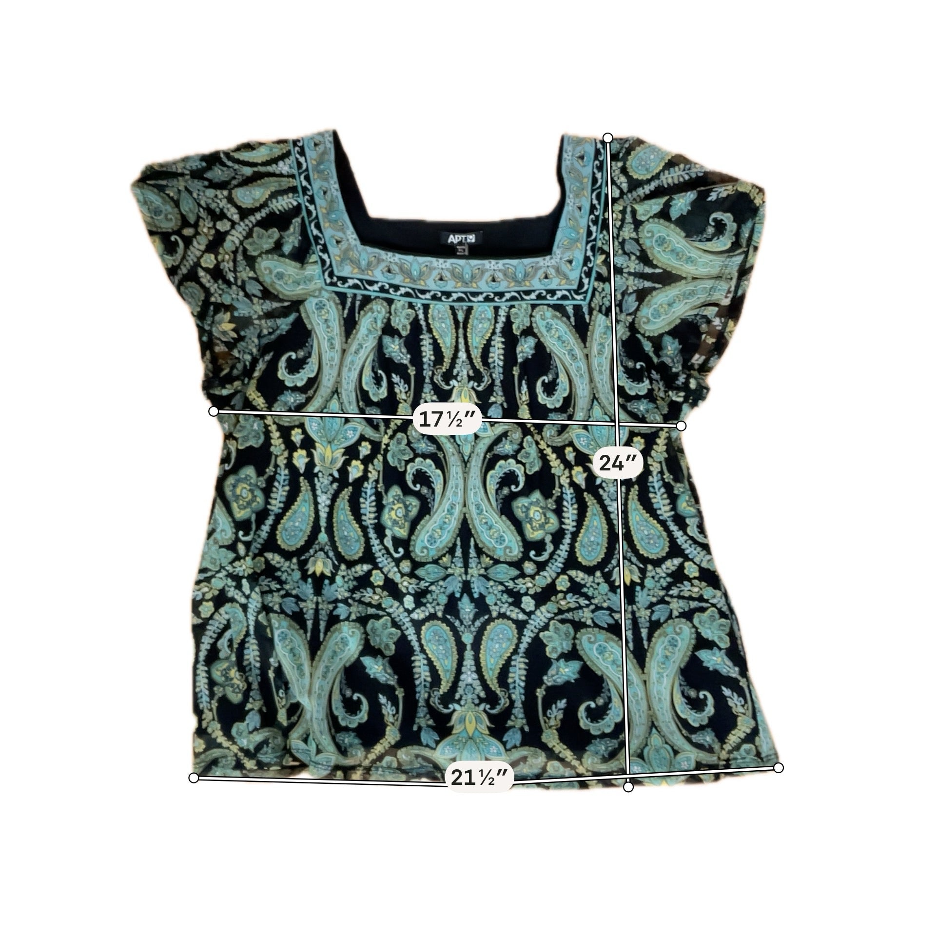 Apt. 9 Petite Large Paisley Embroidered Flutter Sleeve Blouse Black Turquoise