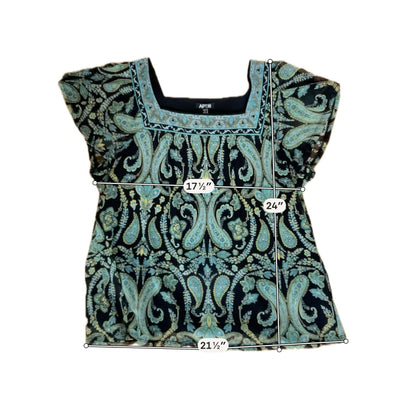 Apt. 9 Petite Large Paisley Embroidered Flutter Sleeve Blouse Black Turquoise