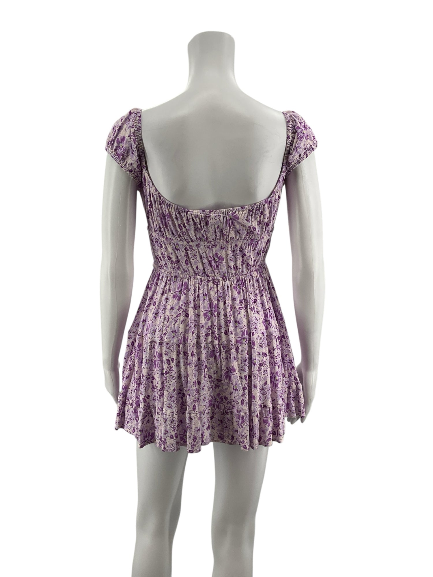 Sky To Moon purple/white Babydoll Purple Floral Puff Sleeve Babydoll Mini Dress Size Small - Size S