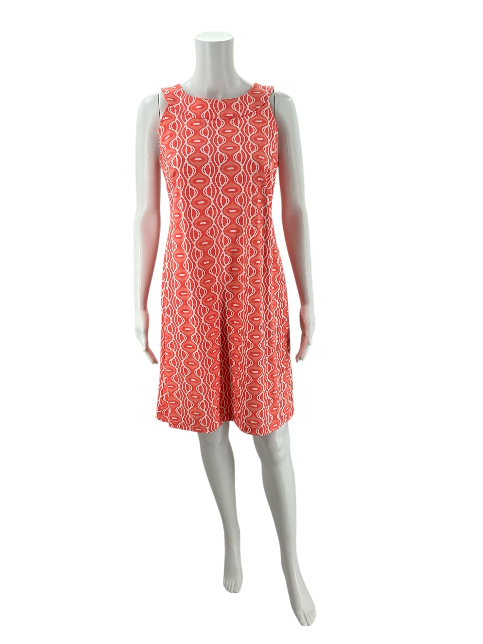 Katherine Way Coral/White Print Dress - Size Small with sleeveless design and geometric pattern, perfect for summer wear, gently used.
