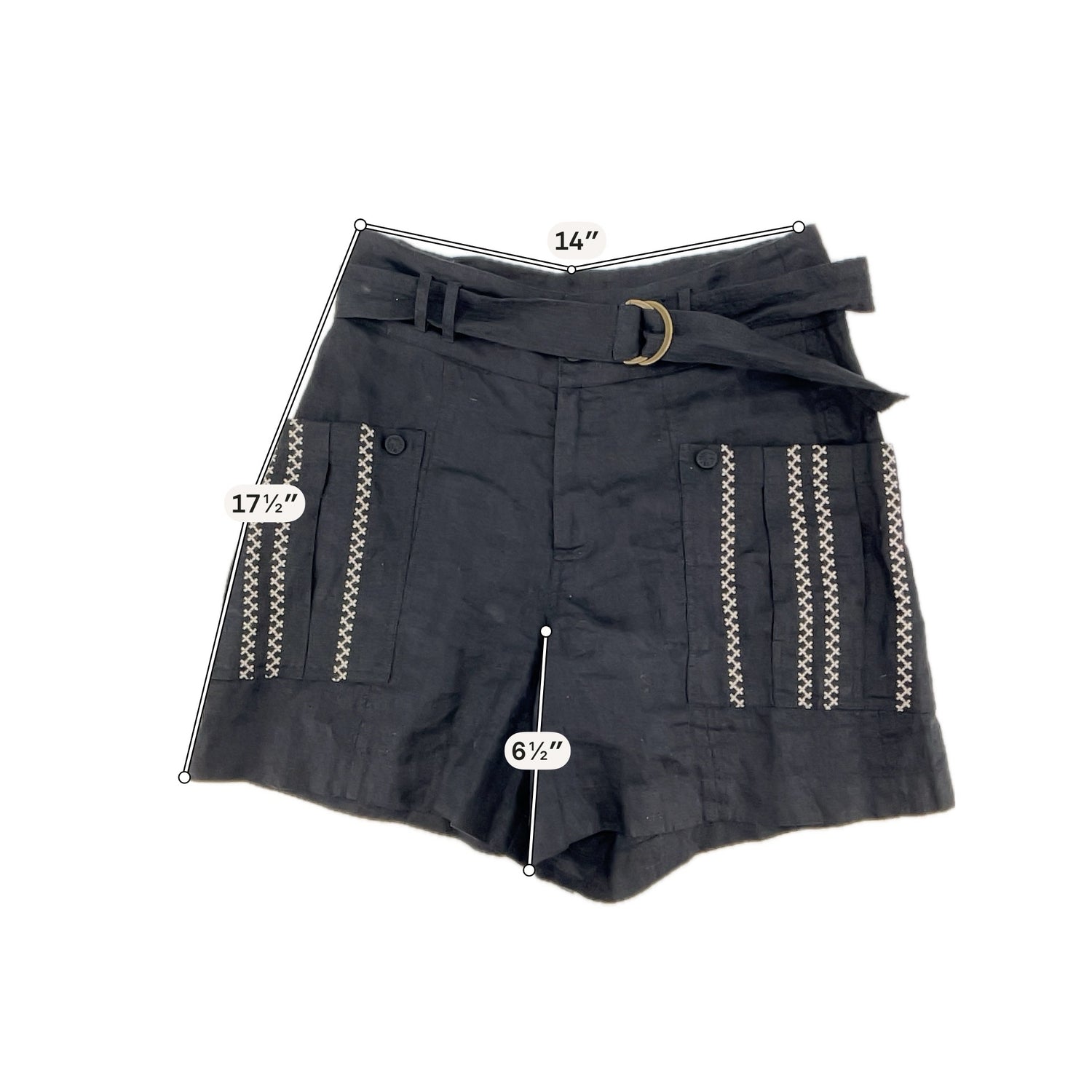 Johnny Was Giana Linen Shorts XS Black Tan Embroidered Belted High Rise