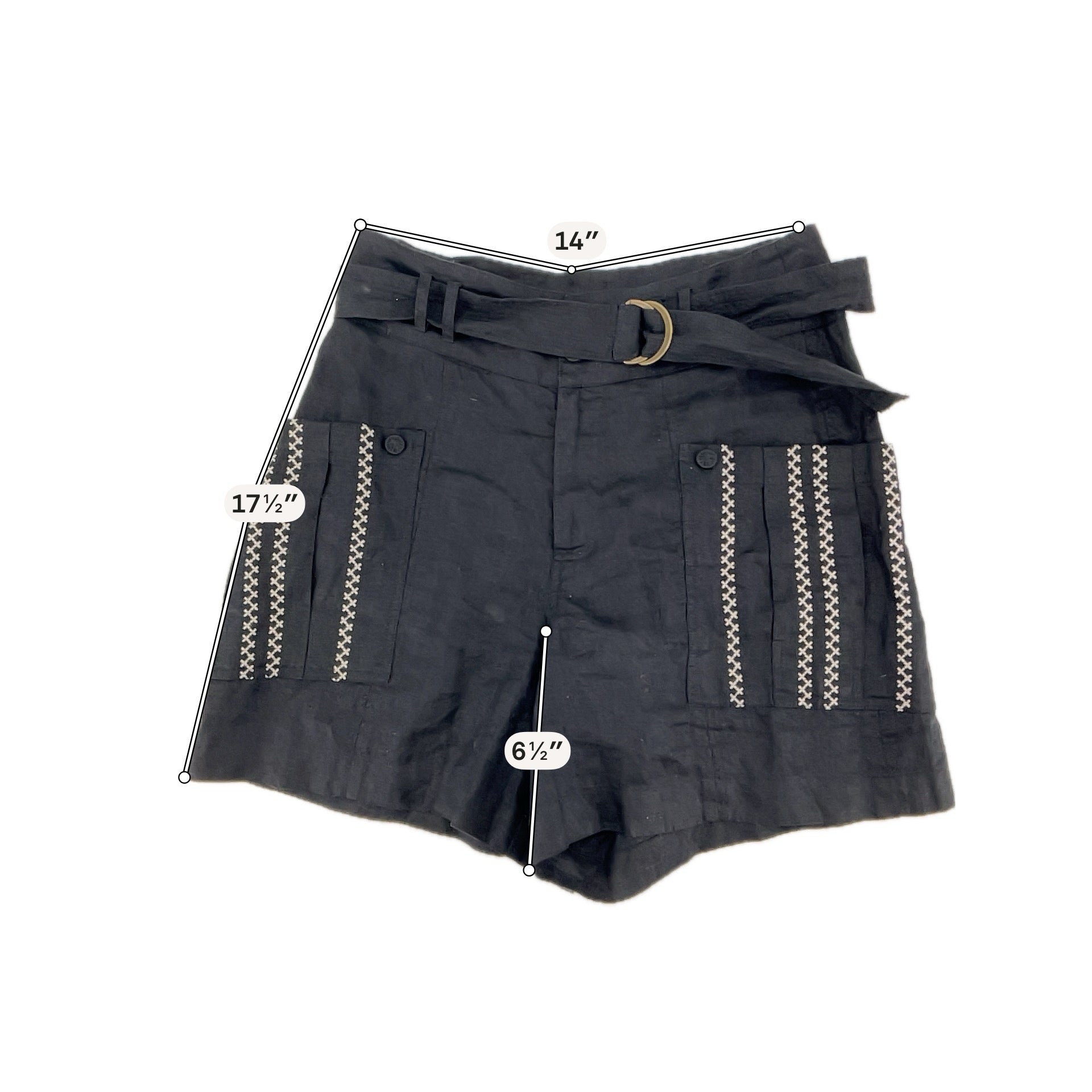 Johnny Was Giana Linen Shorts XS Black Tan Embroidered Belted High Rise