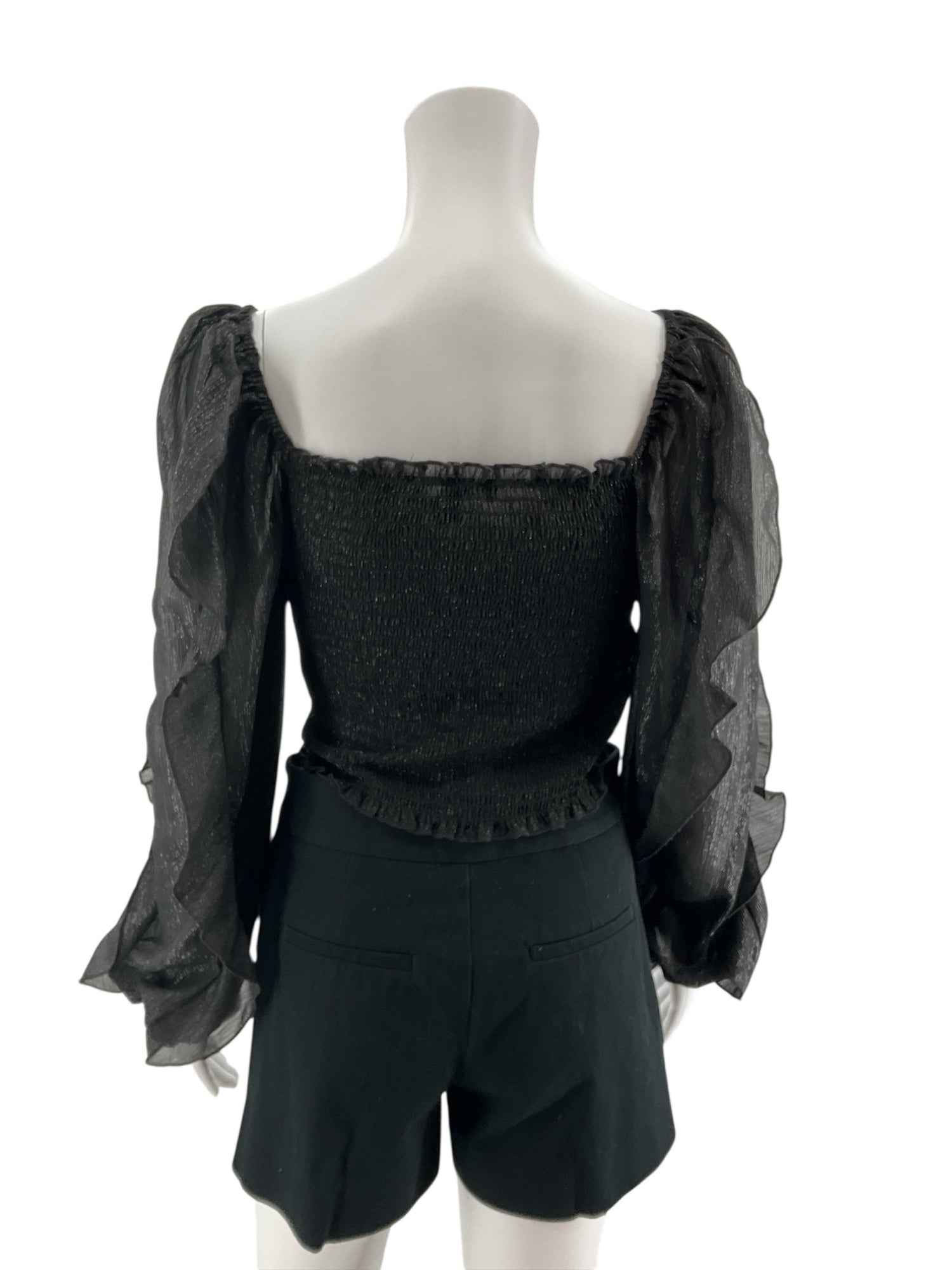 Hyfve Ruffled Smocked Metallic Off Shoulder Crop Top Black Size Medium