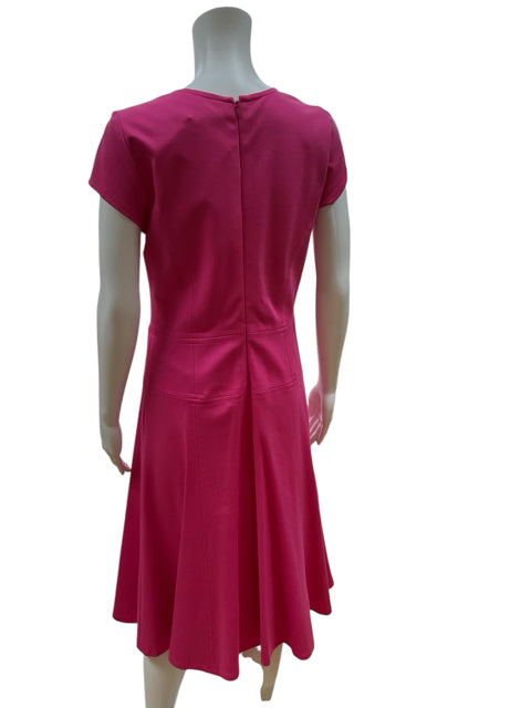 Back view of Nanette Lepore Fuchsia Pink Fit & Flare Dress Size 8 showing zipper closure and pleated skirt detail, perfect for office or cocktail events.