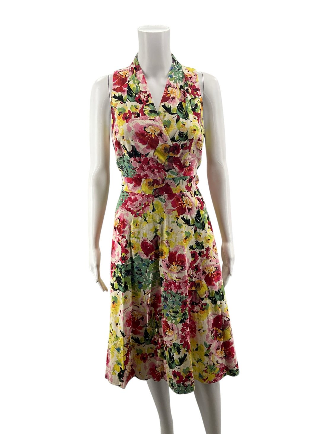 London Times white/yellow/green/blue/red Fit and Flare Floral Fit &amp; Flare Surplice V-Neck Dress Size 10 - Size 10