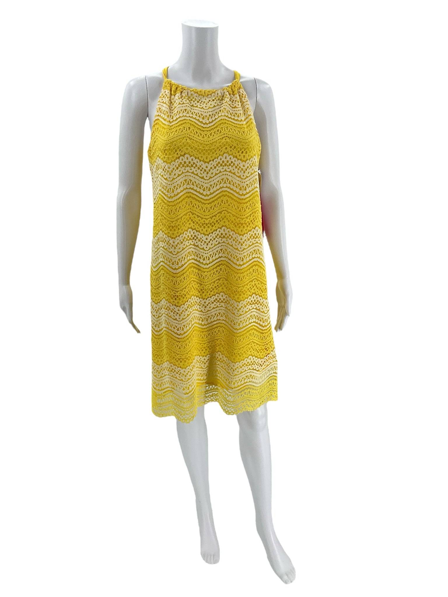 Front view of Trina Turk Knee Length Dress Size Small, yellow and white lace sleeveless design, new with tags at Margaret’s Fine Consignments.