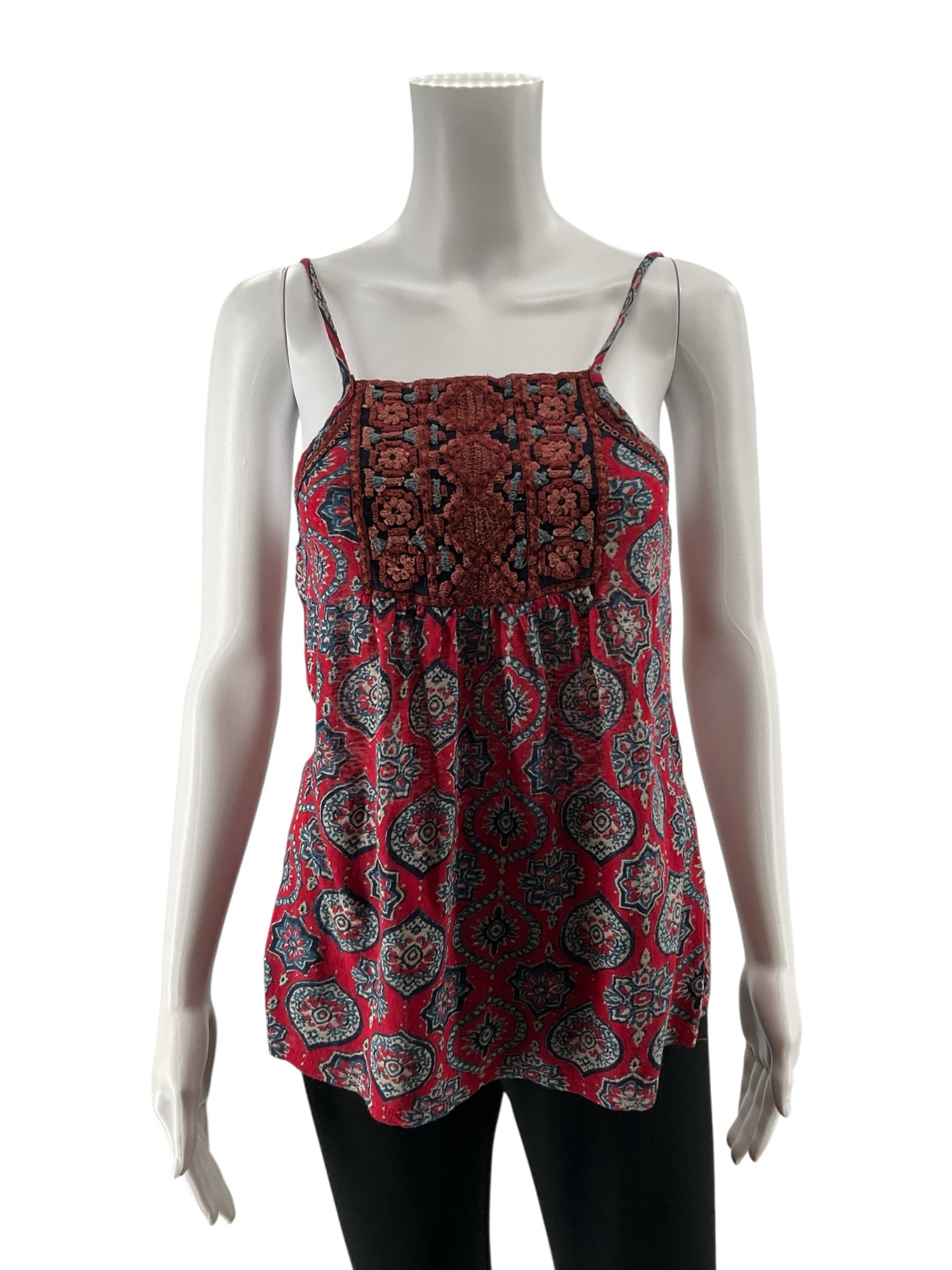 Lucky Brand XS Red &amp;amp; Navy Medallion Print Boho Embroidered Cami Top