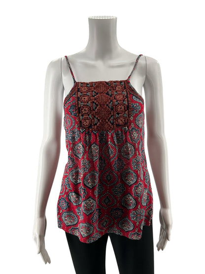 Lucky Brand XS Red &amp;amp; Navy Medallion Print Boho Embroidered Cami Top