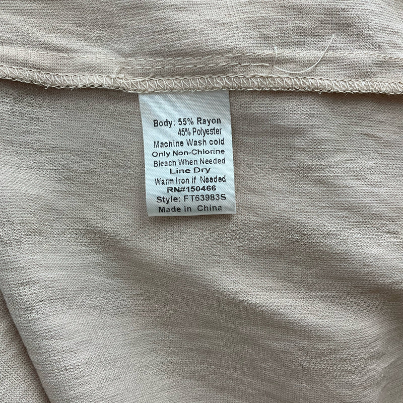 Fabric content tag of Fun2Fun Tan Top, Size Large, showing 55% rayon and 45% polyester blend for soft, breathable wear.