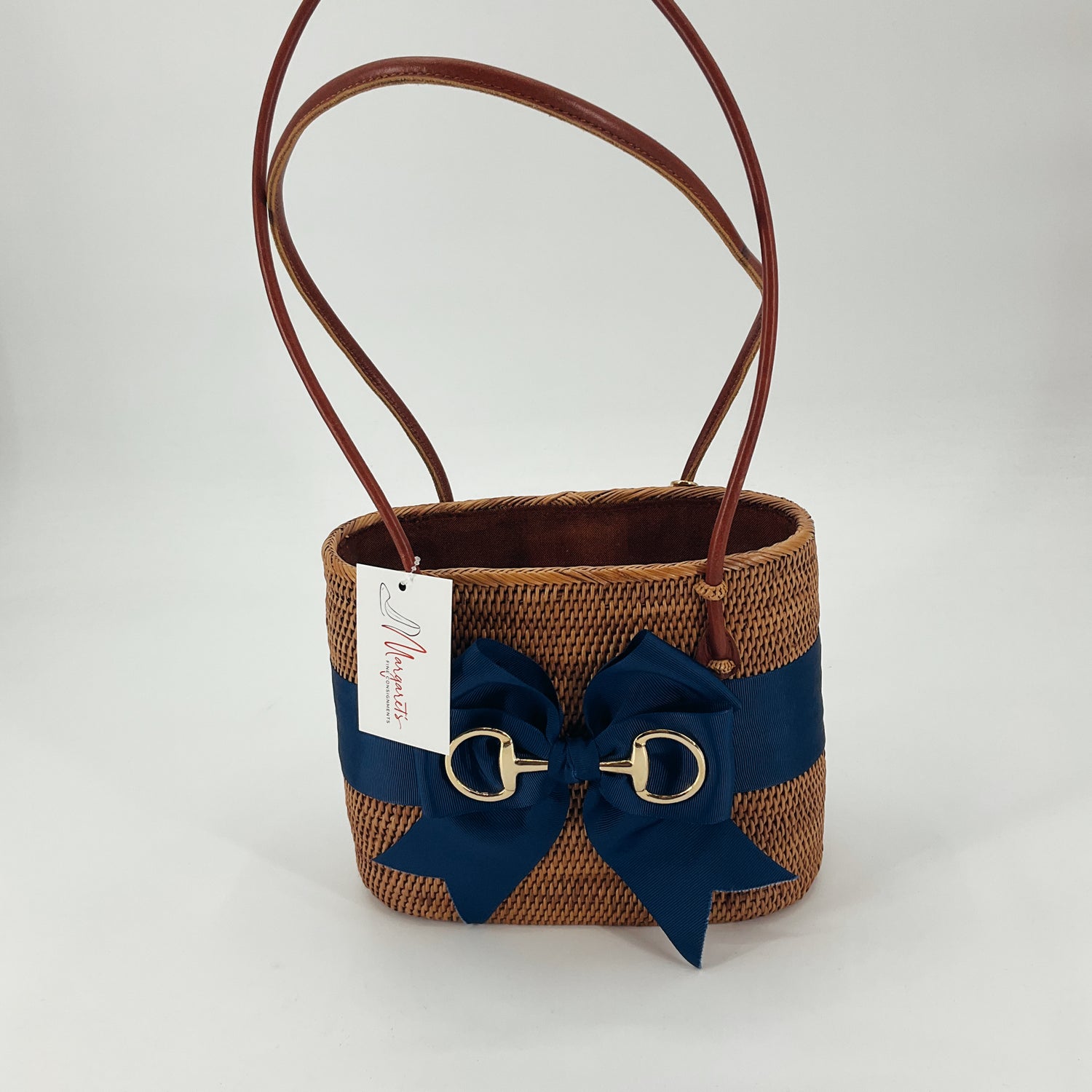 Unbranded Preppy Woven Straw Bucket Tote Bag with Navy Bow &amp; Gold Horsebit Detail