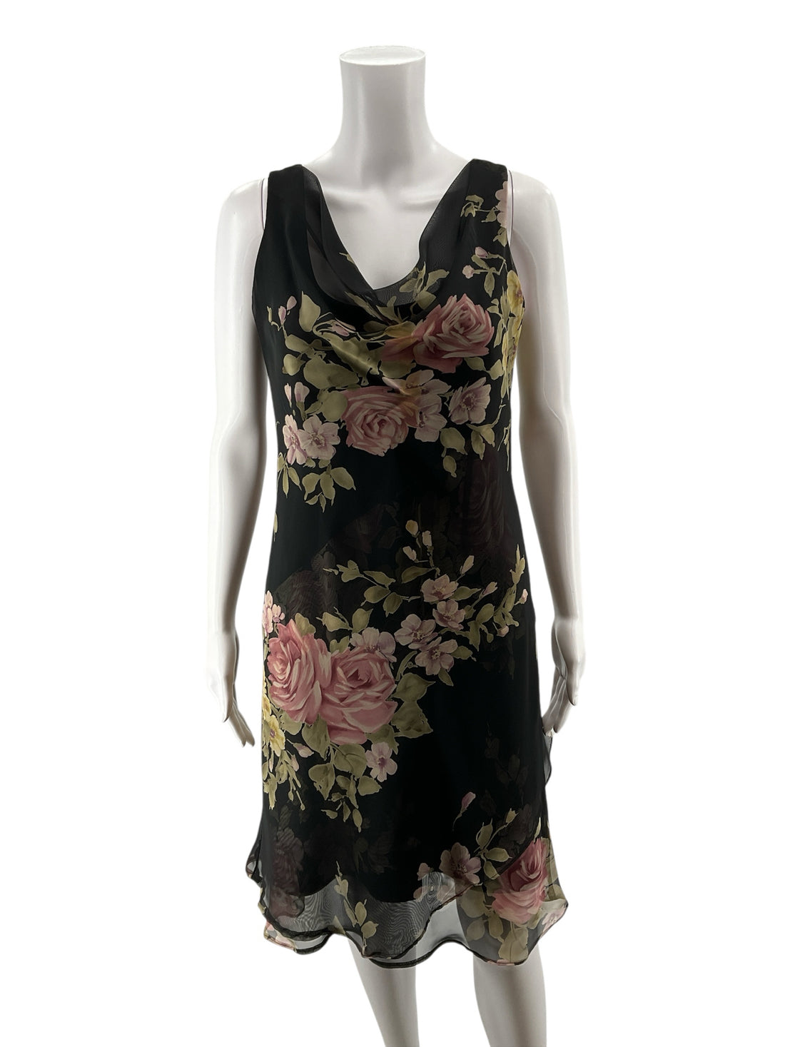 Jessica Howard Black &amp; Rose Gold Floral Cowl Neck Asymmetrical Dress Size Small
