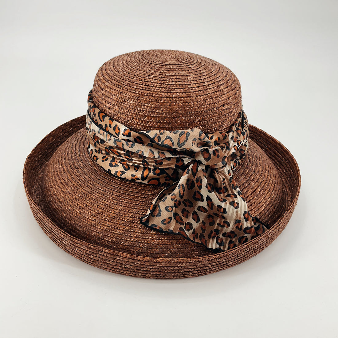 Laura Ashley Vintage Brown Animal Leopard Print Scarf Straw Sun Hat