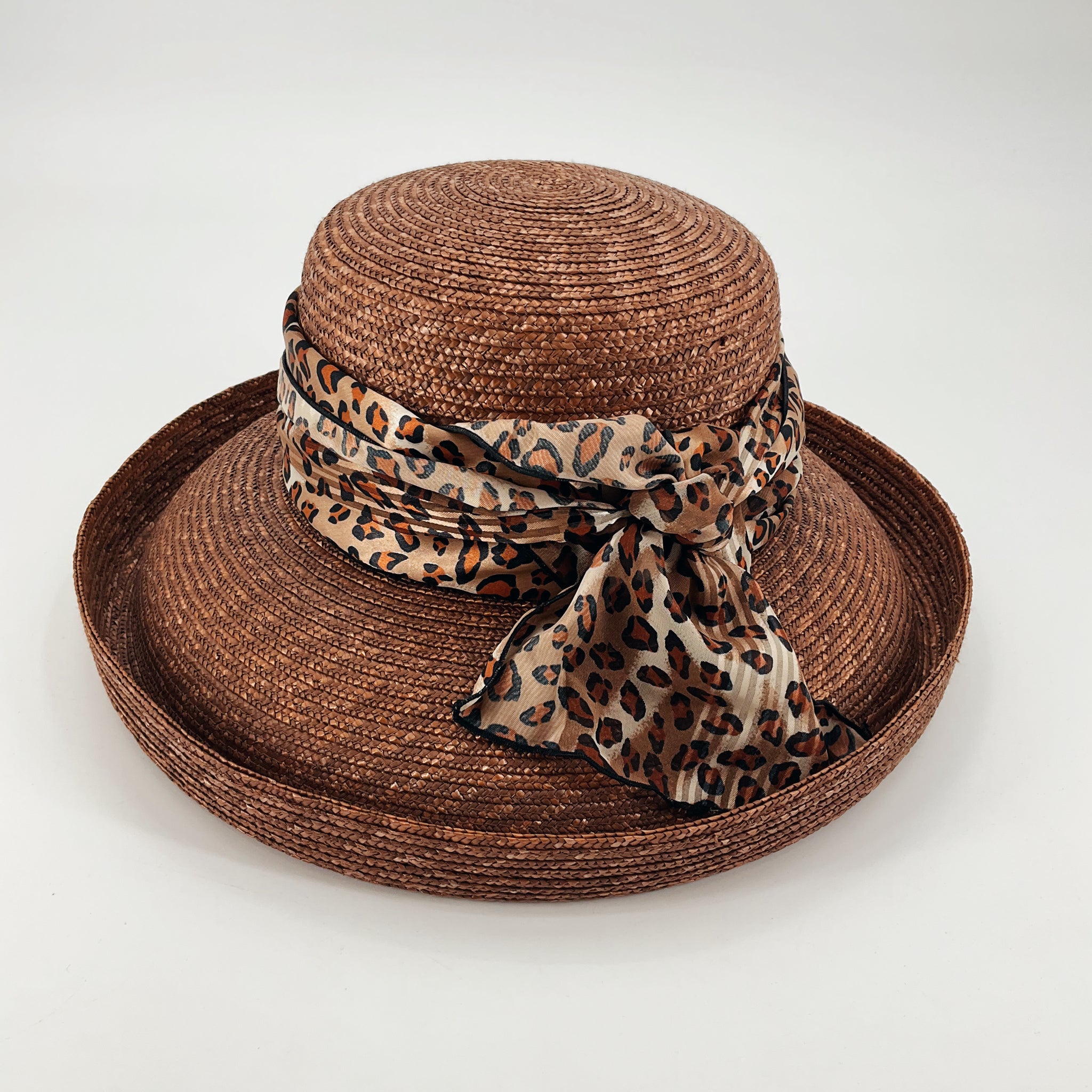 Laura Ashley Vintage Brown Animal Leopard Print Scarf Straw Sun Hat