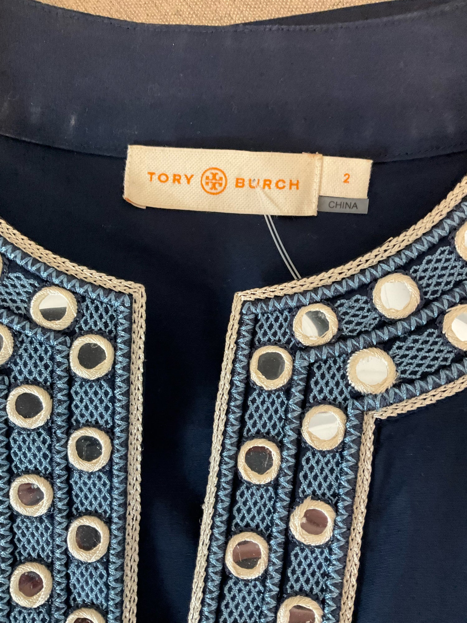Tory Burch Navy 3/4 Sleeve Harper Tunic Navy Blue Mirror Embroidered Bell Sleeve Top Size 2 - Size 2